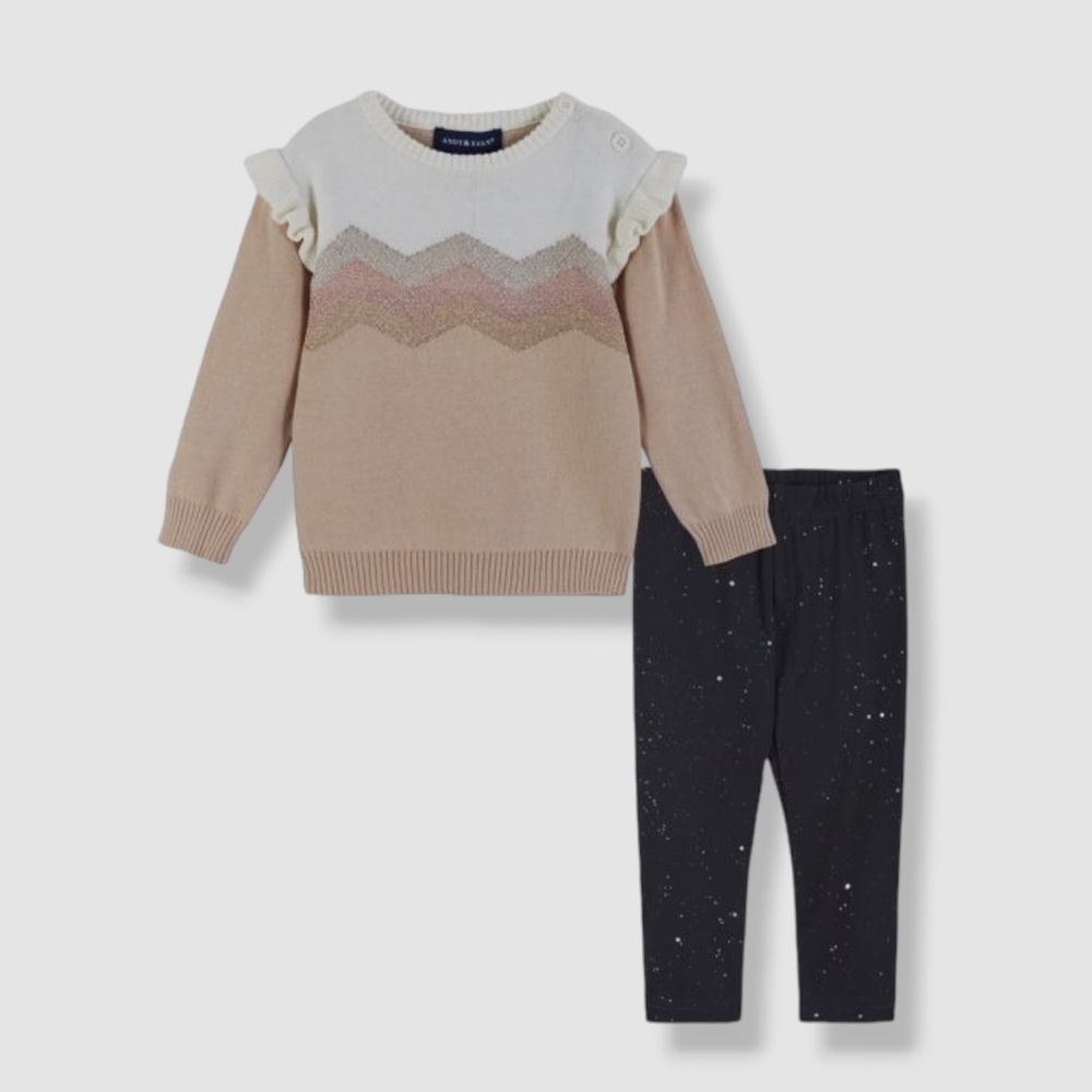 Girls tan & White Ruffle Sweater with Black Glitter Leggings